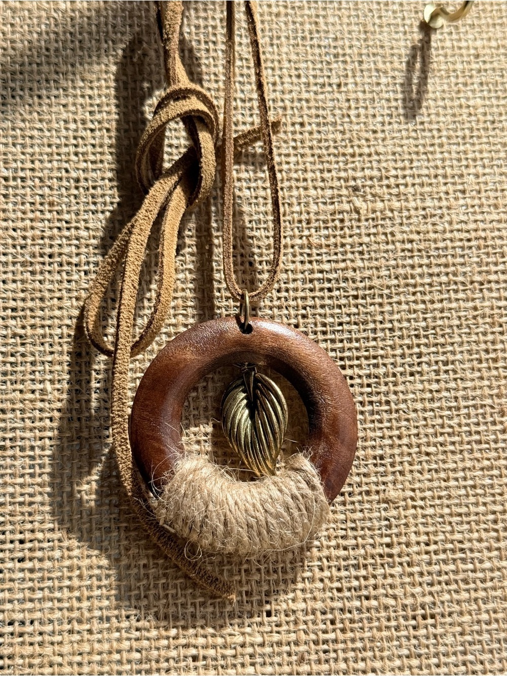 Alquimia Brown Wooden Circle Necklace with Brass Leaf Charm